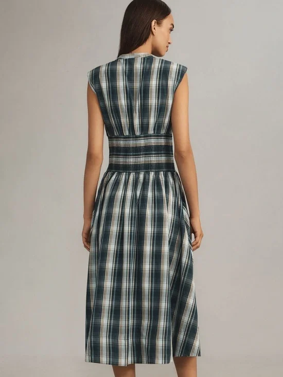 The Tommie Midi Dress Cap-sleeve Blue Plaid Zip-Front Pockets Anthropologie L - Picture 4 of 16